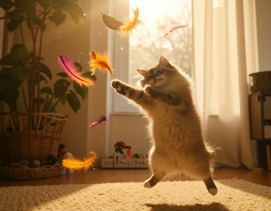 Cat leaps into the air, its paws reaching for a multicolored feather toy that flutters enticingly, bathed in golden sunlight in a cozy room.